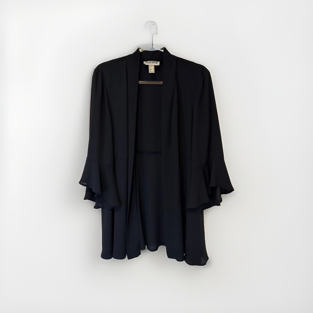 Joseph Ribkoff Cardigan Womens 12 Navy Blue Bell Sleeve Sheer Open Front Chiffon